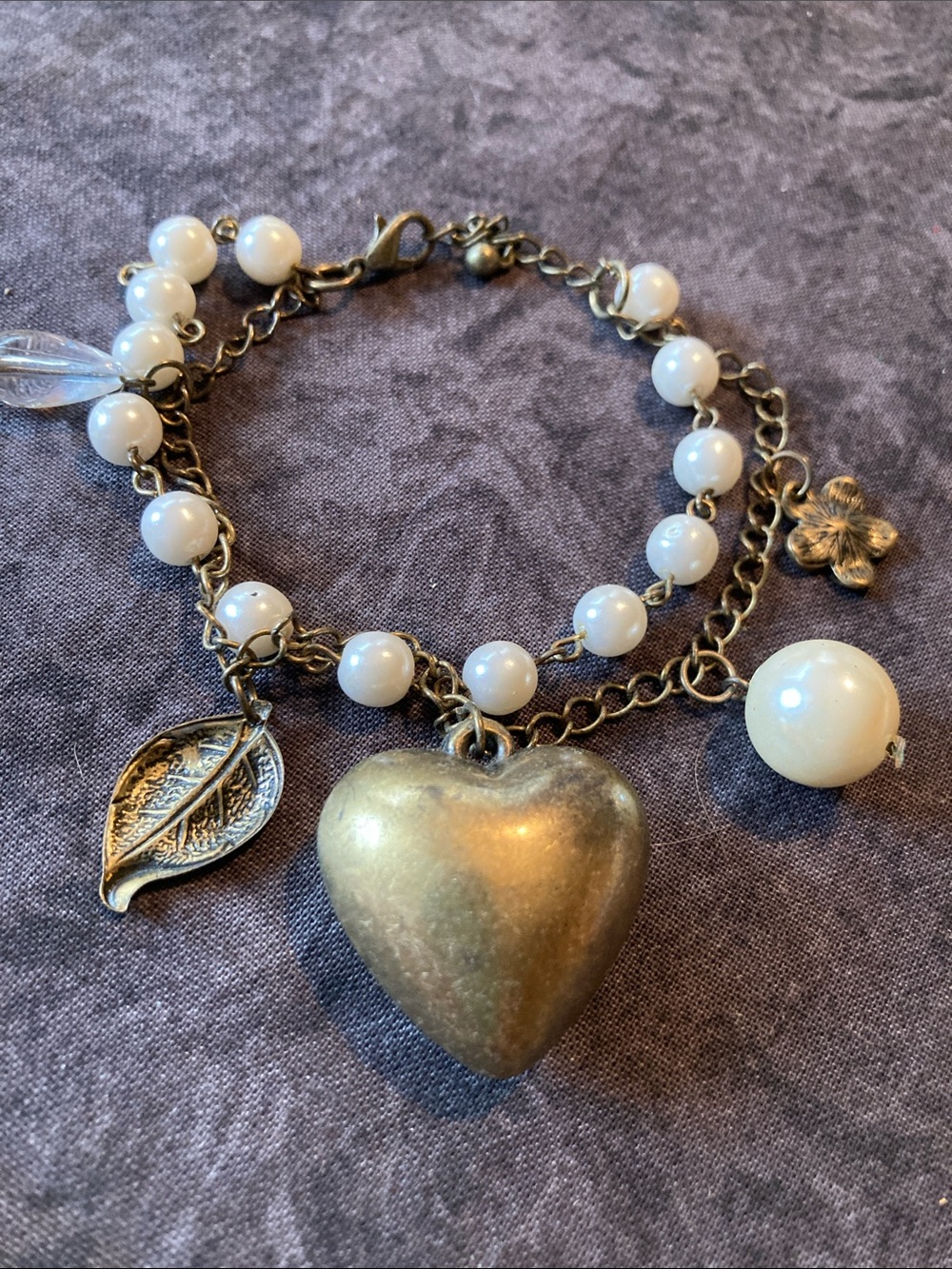 Vintage-Inspired Double Stranded Brass Heart Charm Faux Pearl Bracelet